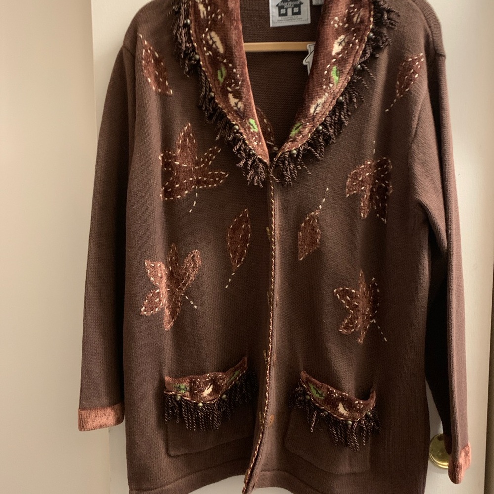 Storybook Knits Chocolate Leaf Embellished Cardigan. Warm and cozy for the day